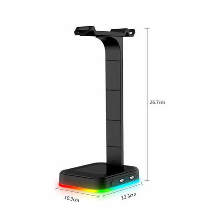 Gaming Headset Stand With RGB Light And Dual USB Organizer, compact RGB-lit headset holder with dual USB ports