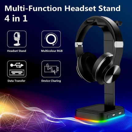 Gaming Headset Stand With RGB Light And Dual USB Organizer holding headphones with RGB base and dual USB ports, cable management