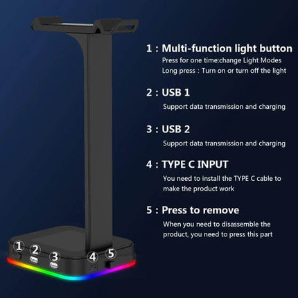 Gaming Headset Stand With RGB Light And Dual USB Organizer with RGB base, two USB ports and Type-C input for charging