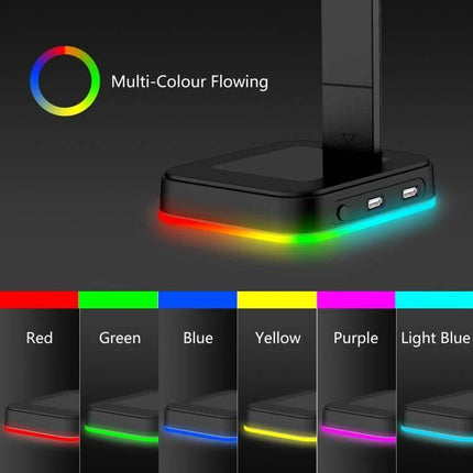 Gaming Headset Stand With RGB Light And Dual USB Organizer showing RGB flowing base and dual USB ports, compact desk accessory