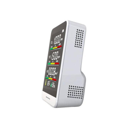 Handheld Air Quality Monitor for Indoor CO2 Detection showing smart color screen with CO2, PM and temperature readings in home/office