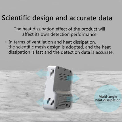 Handheld Air Quality Monitor for Indoor CO2 Detection showing mesh heat-dissipation design and smart color screen for accurate indoor readings