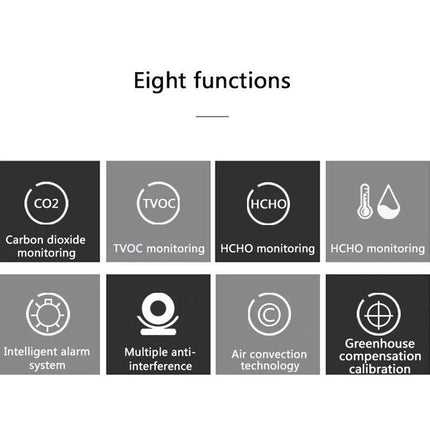 Handheld Air Quality Monitor for Indoor CO2 Detection displaying eight function icons for CO2, TVOC, HCHO, alarm, anti-interference, air convection and calibration