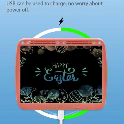 Large 15-Inch LCD Writing Board for Kids' Drawing and Messaging showing Happy Easter drawing on screen with USB charging cable connected