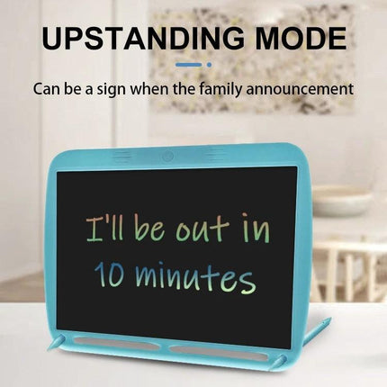 Large 15-Inch LCD Writing Board for Kids' Drawing and Messaging displaying colorful "I'll be out in 10 minutes" note in upstanding mode