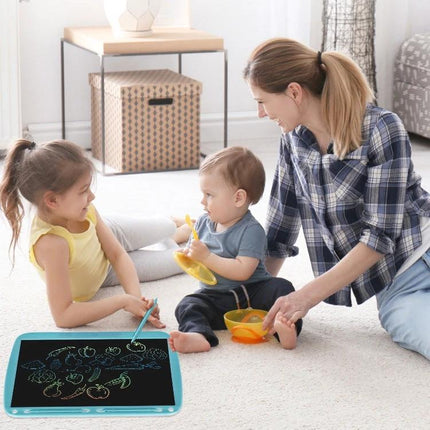 Large 15-Inch LCD Writing Board for Kids' Drawing and Messaging - kids drawing on tablet with mom on carpet