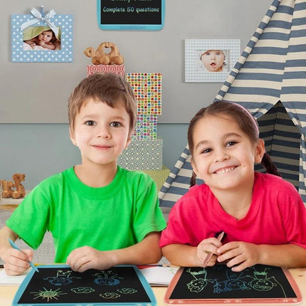 Large 15-Inch LCD Writing Board for Kids' Drawing and Messaging showing two smiling children drawing on colorful boards