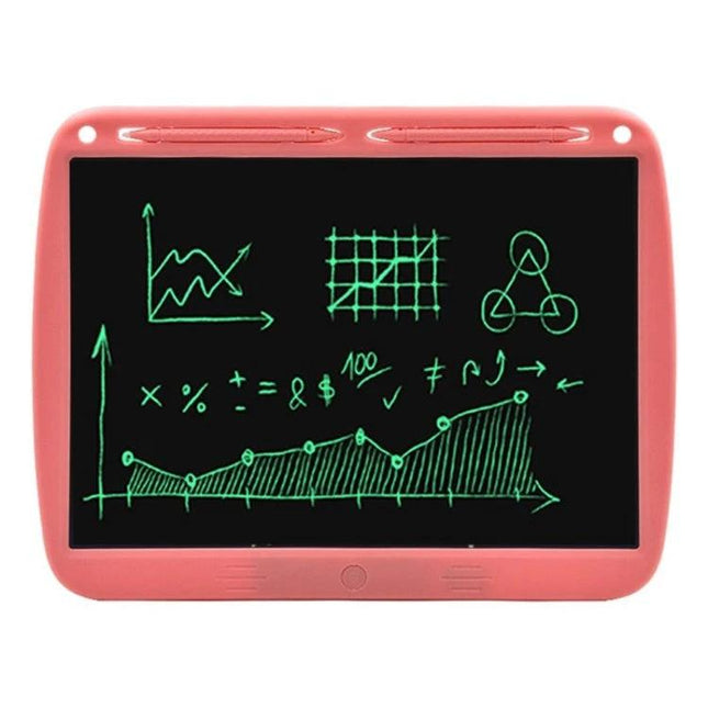 Large 15-Inch LCD Writing Board for Kids' Drawing and Messaging showing green doodles and graphs on a pink tablet screen