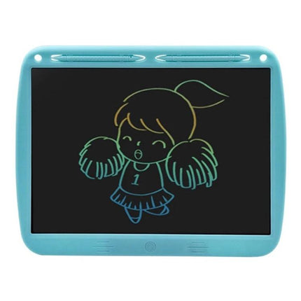 Large 15-Inch LCD Writing Board for Kids' Drawing and Messaging blue tablet showing colorful cheerleader drawing on screen
