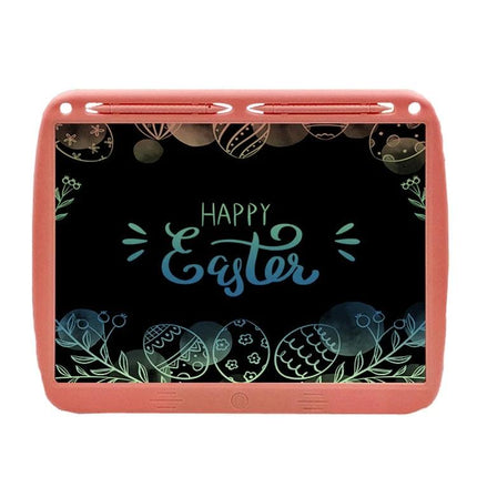 Large 15-Inch LCD Writing Board for Kids' Drawing and Messaging showing coral-framed tablet with 'Happy Easter' drawing and decorative eggs