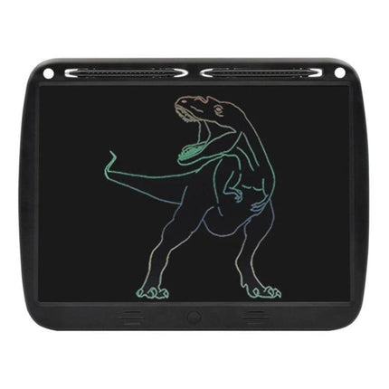Large 15-Inch LCD Writing Board for Kids' Drawing and Messaging showing neon dinosaur sketch on black screen