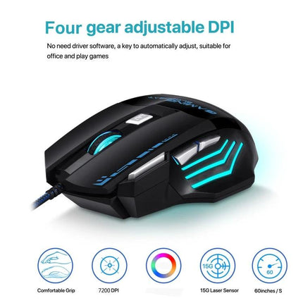Bloodbat Wired Gaming Mouse with RGB Breathing Lights - black ergonomic wired mouse with RGB breathing lights, 4 DPI settings and braided USB cable