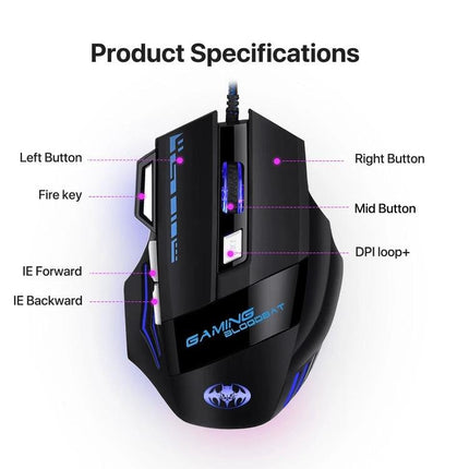 Bloodbat Wired Gaming Mouse with RGB Breathing Lights showing labeled buttons (left, right, mid, DPI, fire, IE forward/back) and wired USB connection