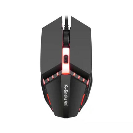 K-Snake M11 Luminous Wired Gaming Mouse for Desktop Use – top view showing ergonomic black mouse with red luminous lighting and wired USB cable