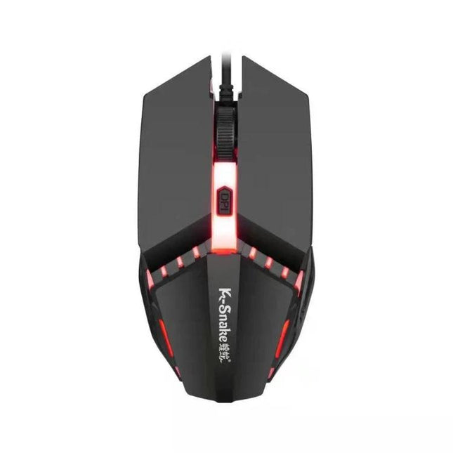 K-Snake M11 Luminous Wired Gaming Mouse for Desktop Use – top view showing ergonomic black mouse with red luminous lighting and wired USB cable