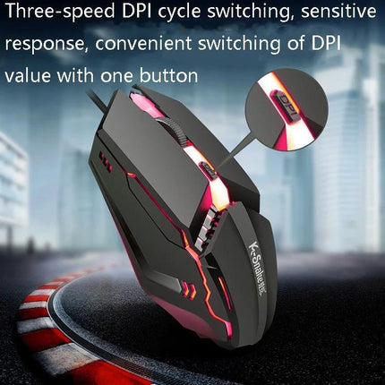 K-Snake M11 Luminous Wired Gaming Mouse for Desktop Use - black ergonomic illuminated wired mouse with DPI button and red LED accents