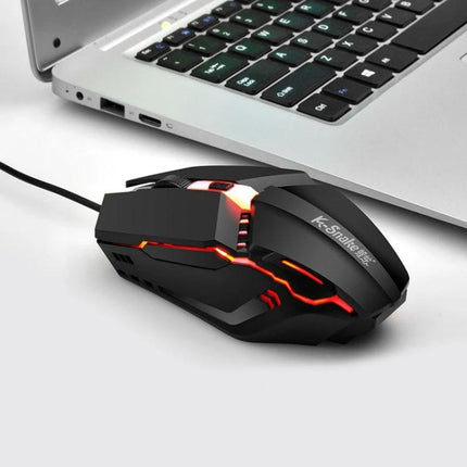 K-Snake M11 Luminous Wired Gaming Mouse for Desktop Use shown connected to a laptop with red LED lighting and ergonomic design