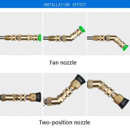 Copper High-Pressure Cleaning Nozzle with 360-Degree Rotation showing adjustable fan and two-position nozzle angles for vehicle and patio cleaning