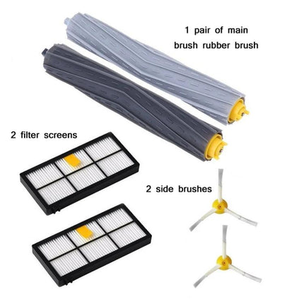 iRobot Compatible Sweeping Brush, Hypa Filter, and Side Brush for 800/960 Series replacement set showing two main rubber brushes, two filter screens and two side brushes