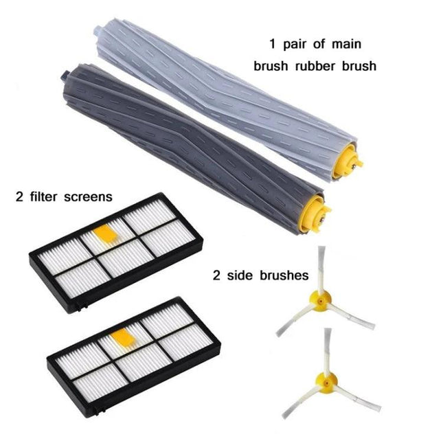 iRobot Compatible Sweeping Brush, Hypa Filter, and Side Brush for 800/960 Series replacement set showing two main rubber brushes, two filter screens and two side brushes
