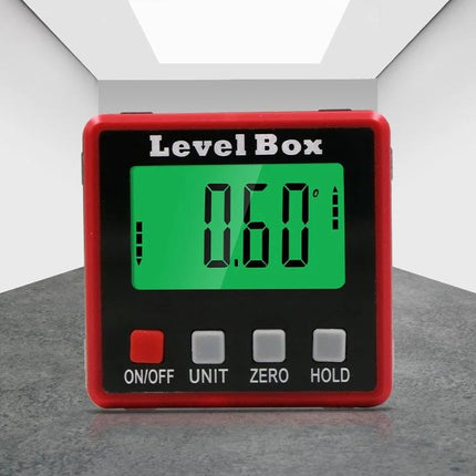 Compact Digital Protractor for Measuring Angles with Magnetic Base showing 0.60° reading on green LCD display and control buttons