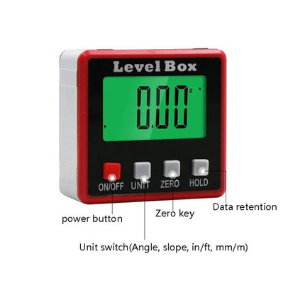 Compact Digital Protractor for Measuring Angles with Magnetic Base showing digital display, buttons (ON/OFF UNIT ZERO HOLD) and magnetic level box
