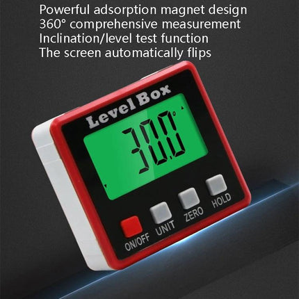 Compact Digital Protractor for Measuring Angles with Magnetic Base showing 30.0° reading on green backlit display with red-trimmed casing