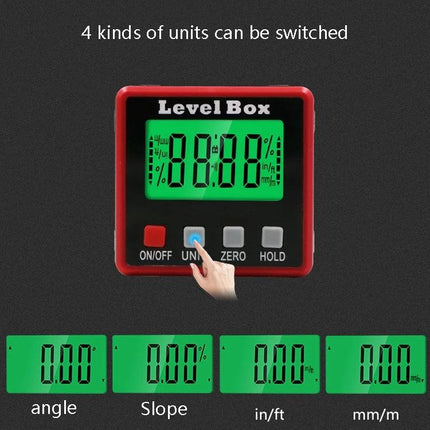 Compact Digital Protractor for Measuring Angles with Magnetic Base showing digital display, unit switch buttons and magnetic level box