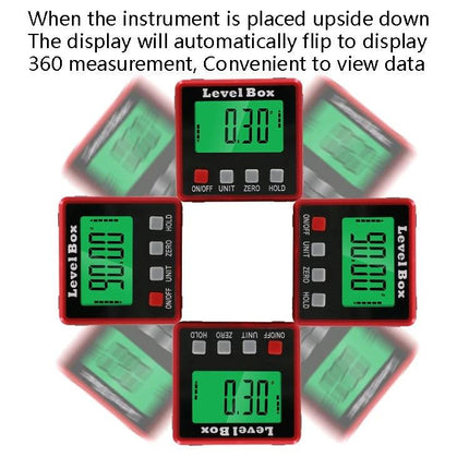 Compact Digital Protractor for Measuring Angles with Magnetic Base shown measuring tilt with bright LCD and magnetic base for woodworking and home improvement