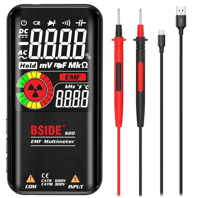 BSIDE S20 Large Screen Multimeter for Electrical Voltage Testing - black digital multimeter with large display, probes and USB charging cable
