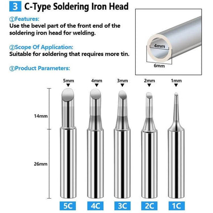 Lead Free Soldering Tips For Electronics 15 Pcs Set - C-Type soldering iron heads 5C 4C 3C 2C 1C chrome plated copper core tips for PCB repair
