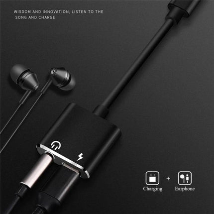 Adapter for Daily Headphone Use with USB-C Devices, black USB-C to 3.5mm adapter showing dual ports for charging and earphone use