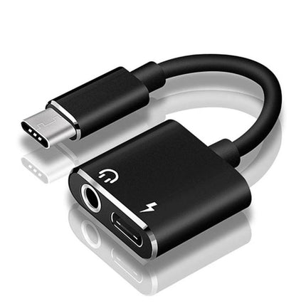 Adapter for Daily Headphone Use with USB-C Devices showing black USB-C to 3.5mm audio and charging adapter for everyday use
