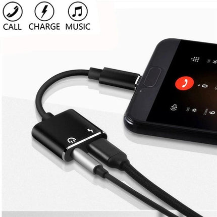 Adapter for Daily Headphone Use with USB-C Devices connected to smartphone showing call, music and charging support