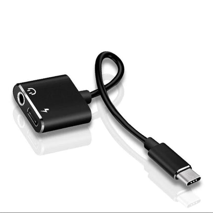 Adapter for Daily Headphone Use with USB-C Devices showing black USB-C to 3.5mm audio and charging splitter cable