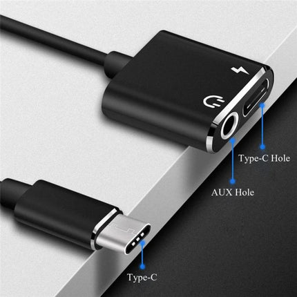 Adapter for Daily Headphone Use with USB-C Devices black USB-C to 3.5mm adapter with Type-C and AUX holes for charging and audio