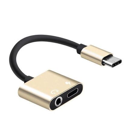 Adapter for Daily Headphone Use with USB-C Devices - gold USB-C to 3.5mm headphone and charging adapter, 2-in-1 daily use cable