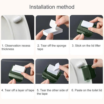 Essential Toilet Lid Handle for Daily Bathroom Hygiene at Home - installation steps showing adhesive tape and sticking lid lifter to toilet seat