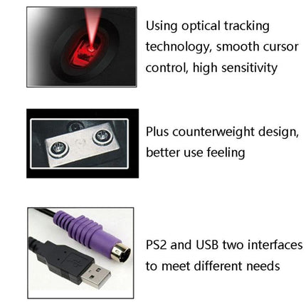 Cadeva Wired Computer Mouse with Three Buttons for Daily Use showing optical sensor, counterweight, PS2 and USB connectors