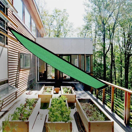 Sunshade Net 2x2m for Balcony and Garden Outdoor Shade stretched over balcony with aluminum corner buckles and raised garden beds