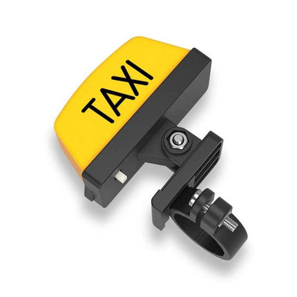 Motorcycle Helmet LED Warning Light With Bright Strobe mounted on helmet with yellow TAXI sign, ABS housing and clamp for secure attachment