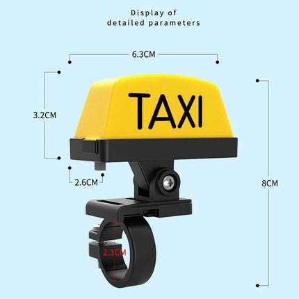 Motorcycle Helmet LED Warning Light With Bright Strobe mounted on helmet/taxi-style yellow sign showing dimensions for visibility and installation