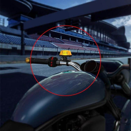 Motorcycle Helmet LED Warning Light With Bright Strobe mounted on helmet showing handlebar view and taxi sign in racetrack background