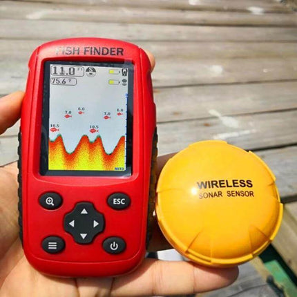 Fish Finder With 2.6 Inch Color HD Screen For Freshwater Fishing handheld red unit with 2.6" display and yellow wireless sonar sensor