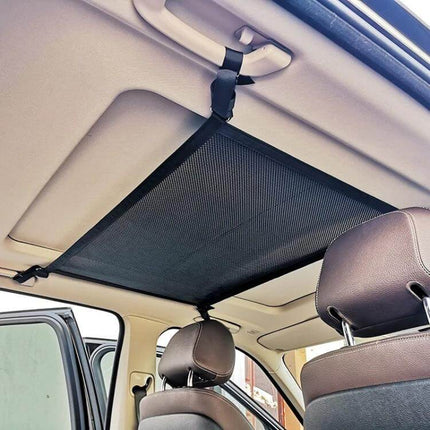 Car Storage Pocket With Breathable Mesh For Roof Or Seat installed above front seats holding magazines chargers toys and snacks