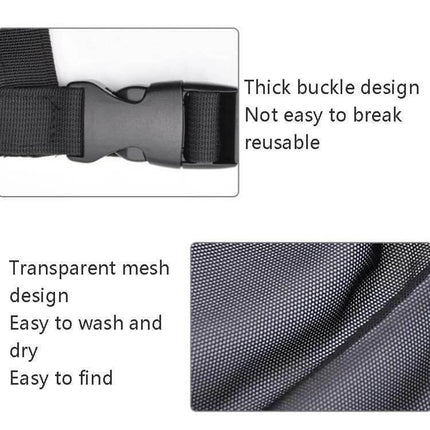 Car Storage Pocket With Breathable Mesh For Roof Or Seat showing thick buckle strap and breathable transparent mesh close-up