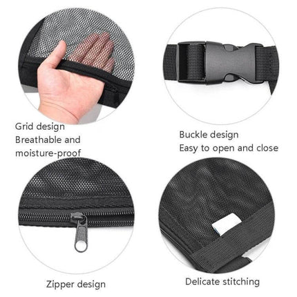 Car Storage Pocket With Breathable Mesh For Roof Or Seat showcasing breathable mesh, buckle, zipper, and stitching details