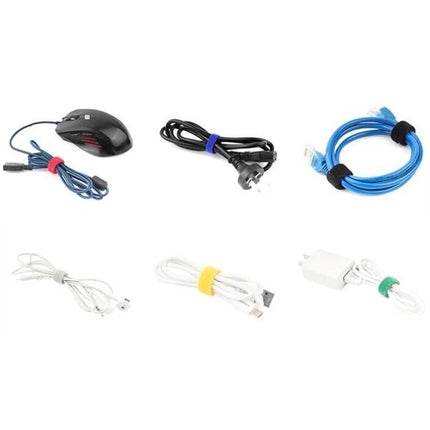 60 Pack T Shaped Cable Organizer Belts Nylon Winder Buckles 15 20 30 cm — assorted cables neatly bundled with colored nylon T-shaped winder buckles