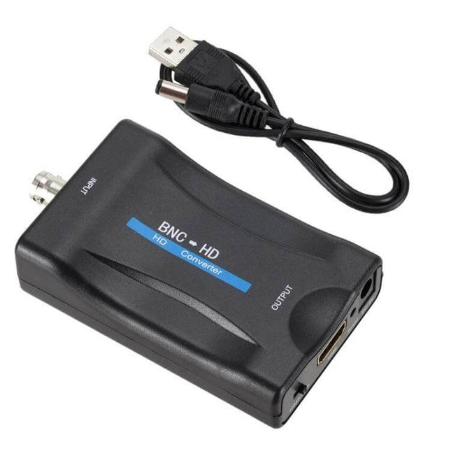 BNC to HDMI Audio and Video Converter for Monitoring Displays compact black BNC-to-HDMI converter with USB power cable, HDMI output and BNC input