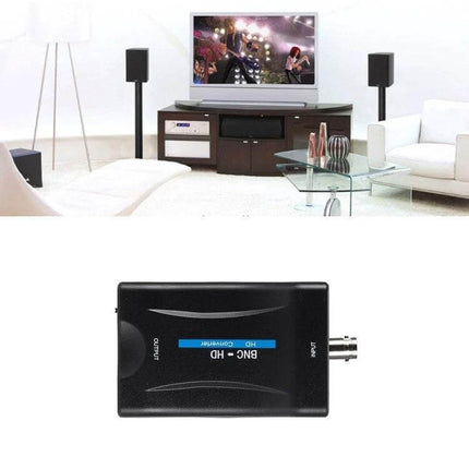 BNC to HDMI Audio and Video Converter for Monitoring Displays connected to modern TV showing CCTV feed in living room